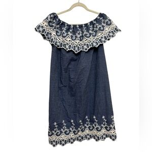 Denim Chambray Embroidered Off Shoulder Dress